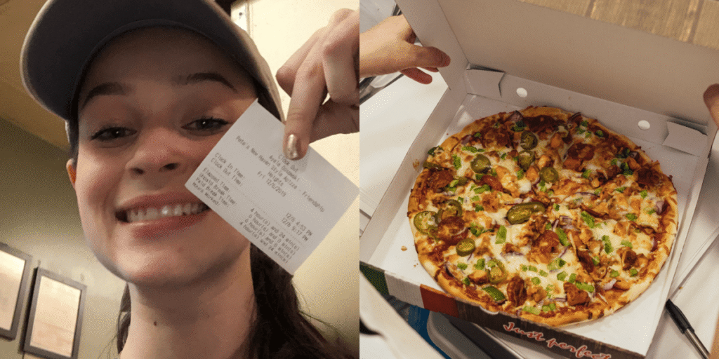 A graduanda da Gen Z conseguiu um estágio ao usar seu boné da universidade no trabalho de pizzaiolo. Agora ela trabalha na Cisco.